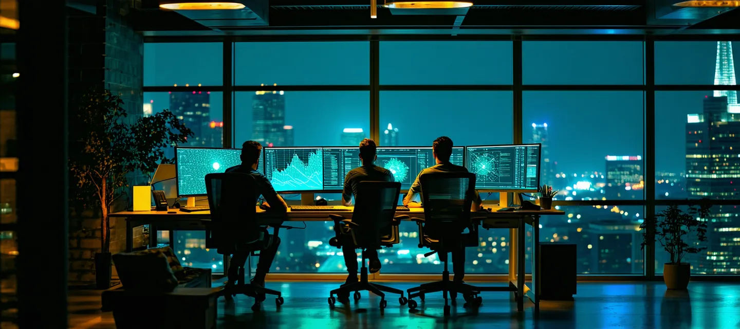 Small engineering team collaborating at monitors displaying infrastructure dashboards