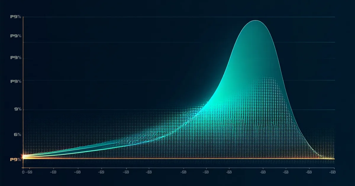 Latency distribution histogram with p99 tail highlighted in amber against dark grid